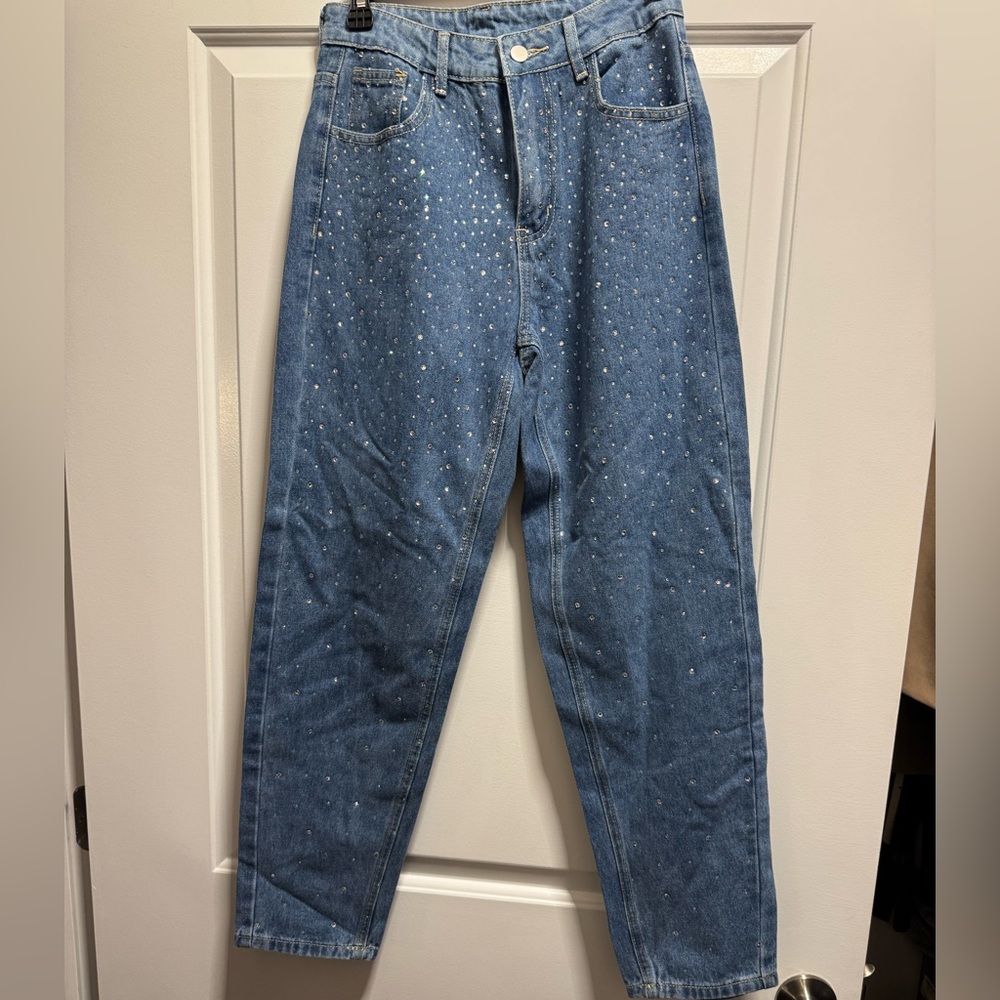 SHEIN High Waist Rhinestone Detail Jeans